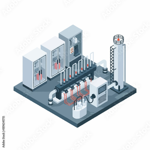 Isometric Industrial Plant with Storage Tanks and Control Panels.