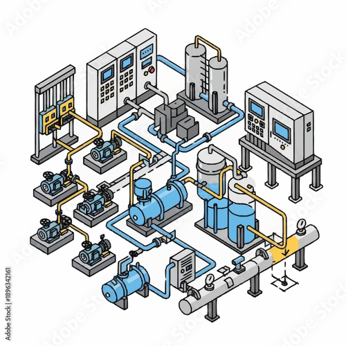 Isometric Industrial Water Treatment Plant Diagram with Pumps and Tanks.