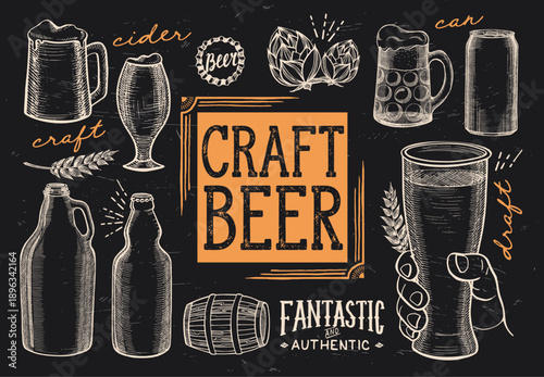 Craft beer collection featuring hand drawn bottles mugs and brewery elements on dark background