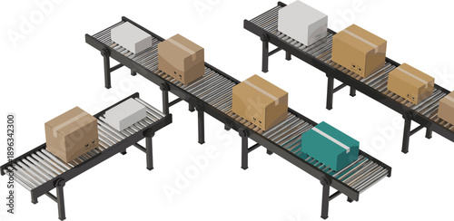 Isometric conveyor belt system, warehouse logistics, package sorting line, industrial automation, supply chain illustration