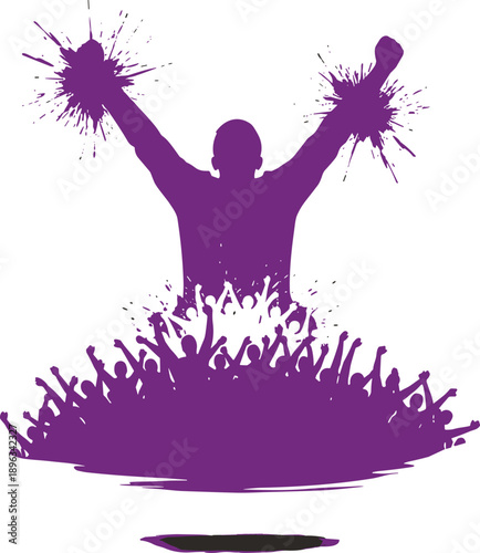 WebPurple silhouette of a triumphant man with raised arms standing above a cheering crowd of fans celebrating a victory on a white background.