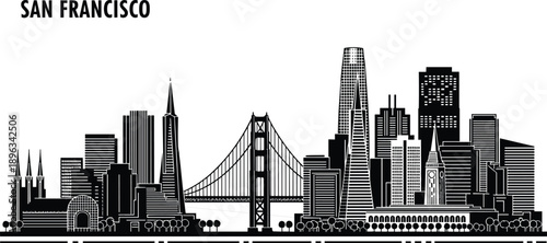 WebSan Francisco California City Skyline Silhouette Vector Illustration Featuring Golden Gate Bridge Transamerica Pyramid Salesforce Tower and Iconic Urban Landmarks on White Background