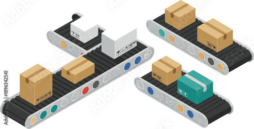Isometric conveyor belts with cardboard boxes, warehouse package sorting system, logistics automation, industrial transport illustration