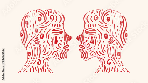 Vector illustration of two human heads with red swirling patterns, communication or conversation concept, for website or presentation, isolated on transparent background, png