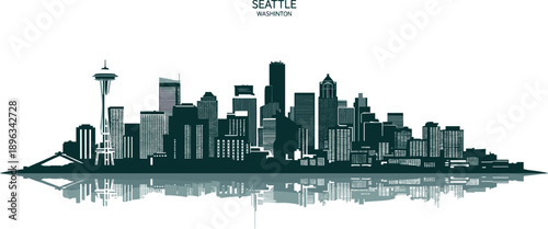 WebSeattle City Skyline Vector Illustration Featuring Space Needle Landmark and Waterfront Reflection with Urban Skyscraper Architecture Silhouette on White Background for Pacific Northwest Travel
