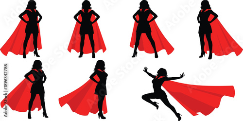WebSet of black silhouettes of a superwoman wearing a red cape in various powerful poses and flying, minimalist female superhero vector illustration for girl power