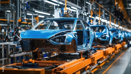 A modern car manufacturing facility showcasing blue car frames on assembly lines, highlighting advanced production techniques and technology.