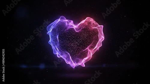 Abstract heart shape formed from glowing particles with space background for love, romance, and digital concepts.