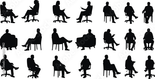 Seated posture silhouette collection, chair design variety, ergonomic sitting poses, human behavior illustration, office and casual seating reference, flat vector