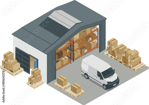 Isometric warehouse with open loading area, delivery van, palletized cardboard boxes, storage racks, logistics distribution center illustration