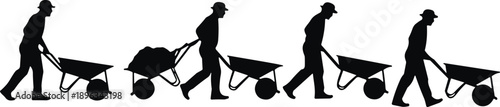 Wheelbarrow pushing silhouette sequence, manual labor concept, work movement illustration, construction effort, transport activity, ergonomic posture study, flat vector
