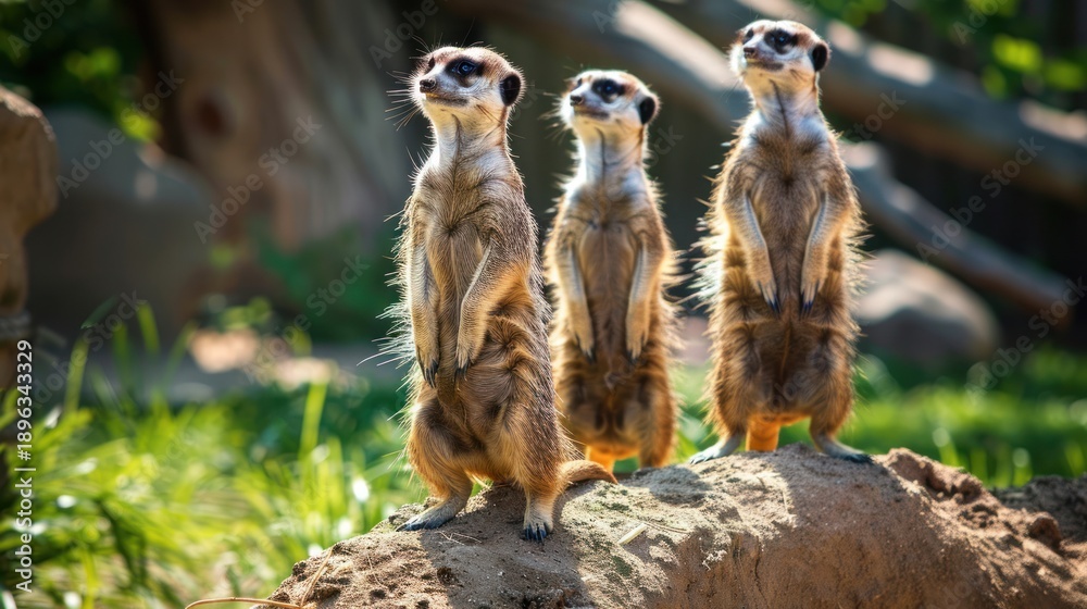 Fototapeta premium Three Meerkats Standing Upright on Rock in Sunny Natural Environment