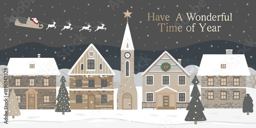 A festive winter scene with santa s sleigh and a quaint village