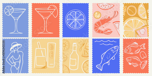 A collection of vintage style stamps depicting summer food and drink