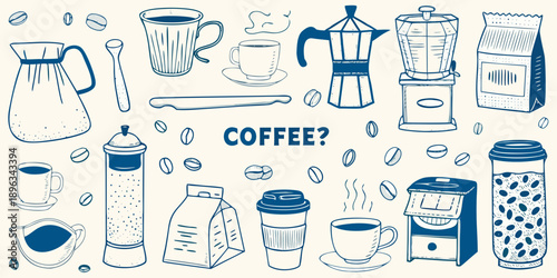 A charming collection of coffee brewing equipment and scattered coffee beans