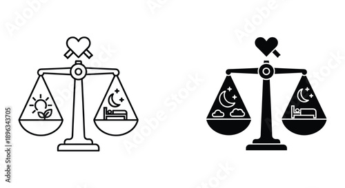 Balance Scale with Heart and Cross Symbols Representing Work Life Harmony