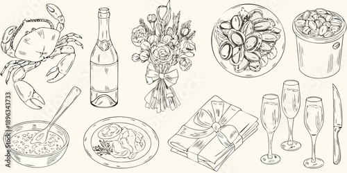 A delightful sketch featuring seafood champagne flowers and celebratory gifts