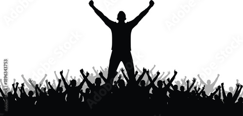Silhouette of a Triumphant Man with Raised Arms Standing Before a Massive Cheering Crowd Symbolizing Success Leadership Victory Motivation Celebration and Great Achievement in Life