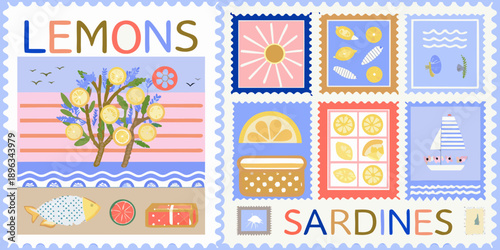A collection of illustrated postage stamps featuring lemons sardines and summer motifs