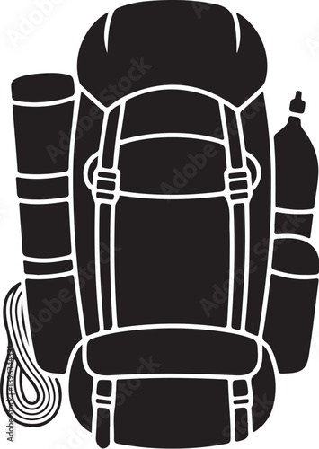 Black silhouette of a hiking backpack with accessories