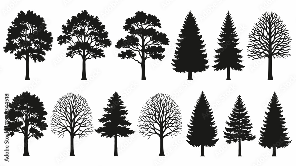 Obraz premium Collection of various tree silhouettes.