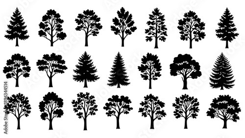Collection of various tree silhouettes.