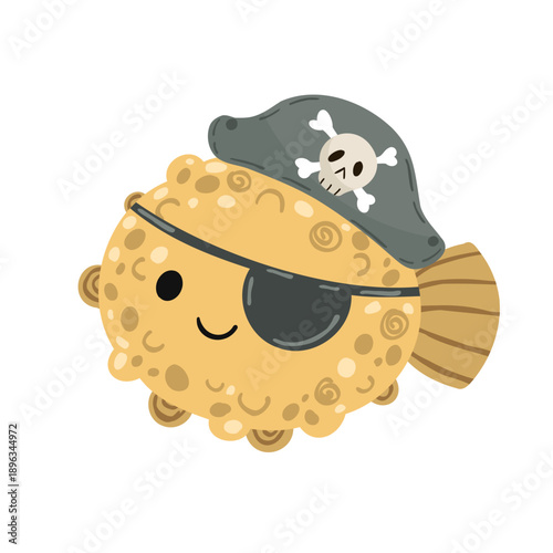 Round puffer fish wearing a pirate eye patch and a small hat. Fun underwater character for children's illustrations and sea life stickers.