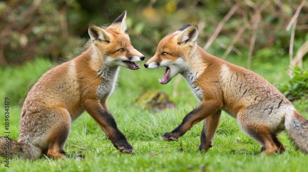 Obraz premium Two Red Fox Cubs Play Fighting in Green Garden Nature Scene