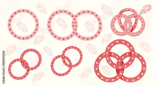 Vector red pretzel icons with polka dots and leaves, for food branding or bakery advertising, Isolated on transparent background, png