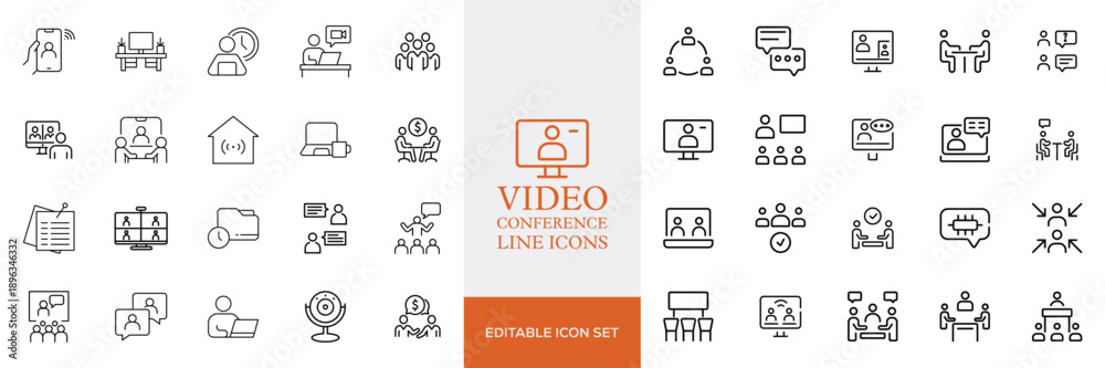 Fototapeta premium Big set of video conference line icons. Meeting, online, live, call etc. Editable stroke