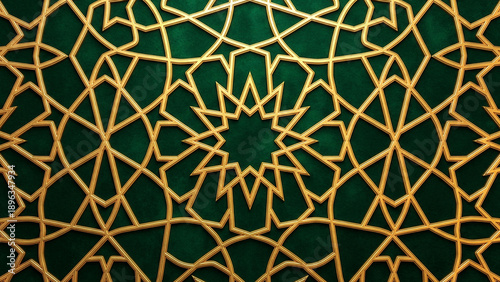 Luxurious green and gold islamic geometric ornament pattern background