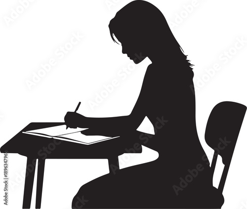 Silhouette of a woman writing at a desk chair