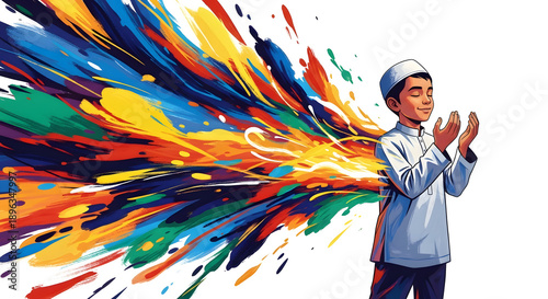 Young Muslim boy praying with colorful spiritual energy emanating from him.