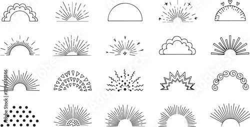  Shine line effects element icon set. Hand drawn doodle sun rays, surprise highlights and sunburst frames with pop confetti ornaments for comic headline decoration and light ray effects vector 