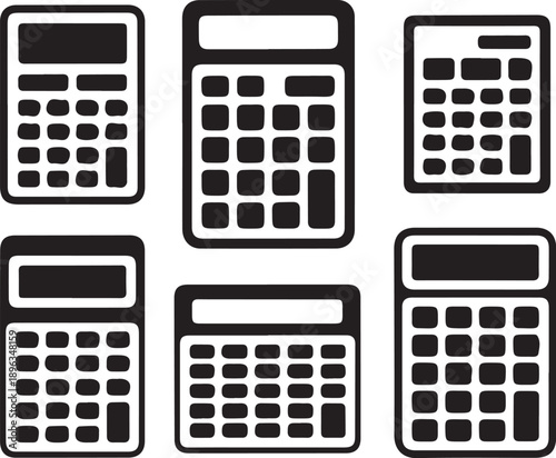 Six black calculator on white background calculating