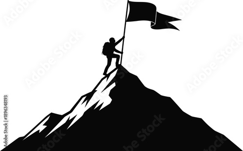A person standing on a mountain peak waving a flag in the air triumphantly