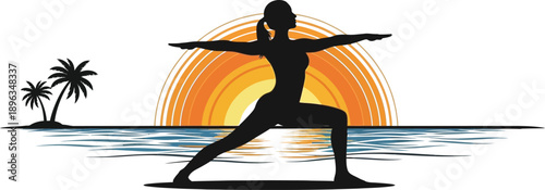 Serene yoga practice at sunset on a tropical beach with palm trees