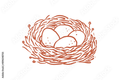 Spring hand drawn illustration of a birds nest with four eggs inside