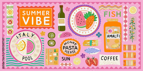A vibrant summer collage featuring italian themes food and coastal imagery