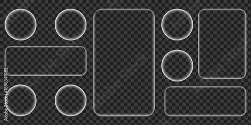 Liquid glass smartphone interface isolated. White ui light frame square and circle banner with shine stroke. Control center widget for smartphone and web app, vector illustration.