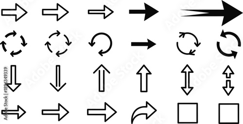 Arrow icons, direction symbols, UI arrows, navigation graphics, refresh icon, bidirectional arrows, process flow, black and white set, square shapes