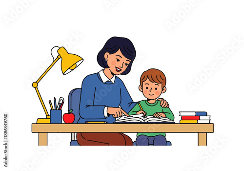 Woman tutor helping young boy with homework at desk.