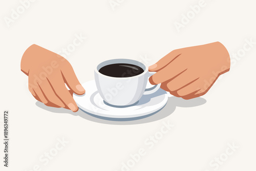 Hands holding and placing a hot coffee cup with saucer, serving a refreshing beverage