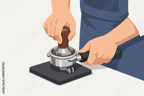 Barista tamping ground coffee in a portafilter, preparing fresh espresso beverage