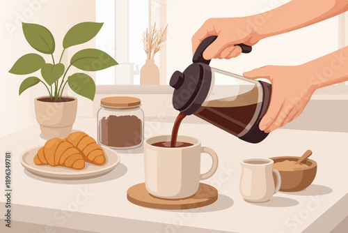 Hands pouring fresh coffee from a french press into a mug for a cozy breakfast