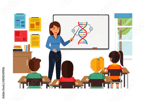 Teacher Explaining DNA Diagram to Young Students in Classroom.