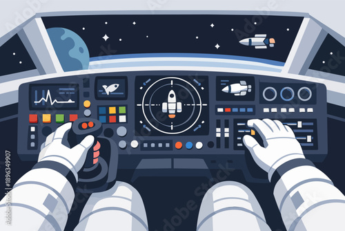 Astronaut hands operating spaceship cockpit controls flying across deep space