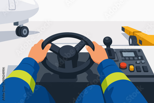 Airport ground crew worker driving pushback vehicle preparing airplane for departure