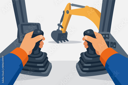 Person operating industrial construction machinery using dual joysticks