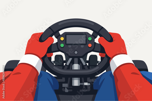Go-kart racing driver hands on steering wheel from first person cockpit view